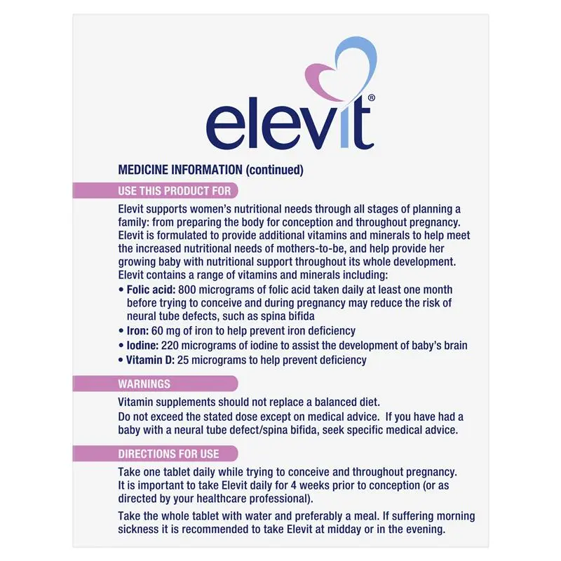 Elevit Pre-conception & Pregnancy 100 Tablets premium Australian multivitamin with vitamins and minerals for women before and during pregnancy.