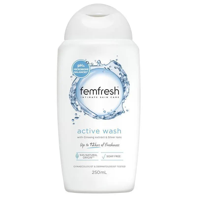 Femfresh active wash bottle on a white background