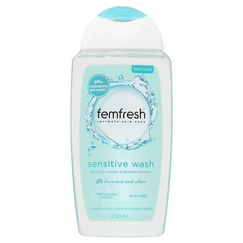 Femfresh Sensitive Wash 250ml, gentle feminine intimate wash designed for sensitive skin to maintain freshness, comfort and pH balance.