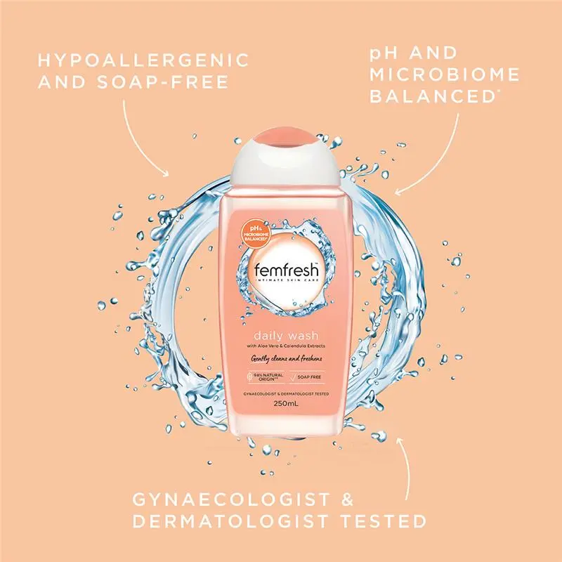 Femfresh Daily Wash 250ml, gentle feminine intimate hygiene wash designed for daily use to support freshness, comfort and pH balance.