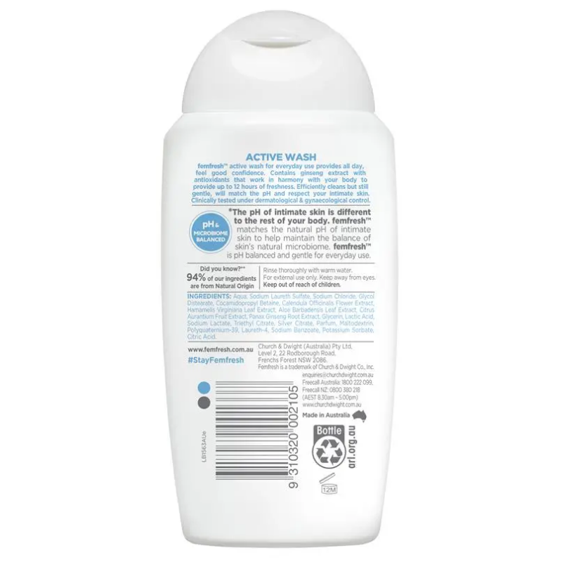 Femfresh Deodorising Wash 250ml, gentle intimate hygiene wash for women designed to help maintain freshness, cleanliness and pH balance.