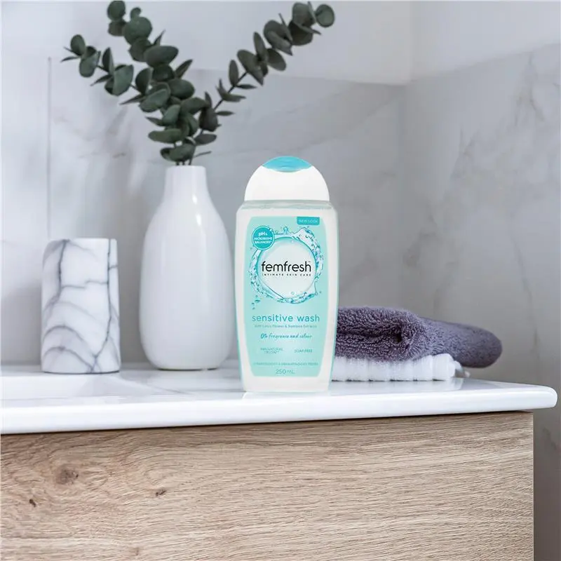 Femfresh Sensitive Wash 250ml, gentle feminine intimate wash designed for sensitive skin to maintain freshness, comfort and pH balance.