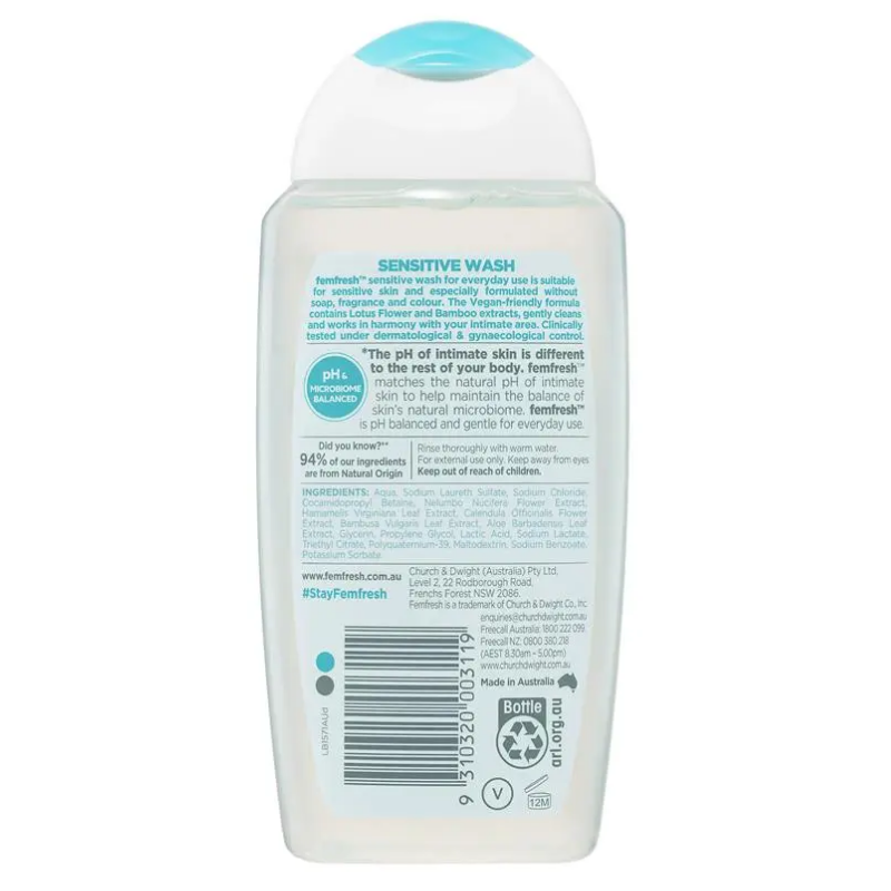 Femfresh Sensitive Wash 250ml, gentle feminine intimate wash designed for sensitive skin to maintain freshness, comfort and pH balance.