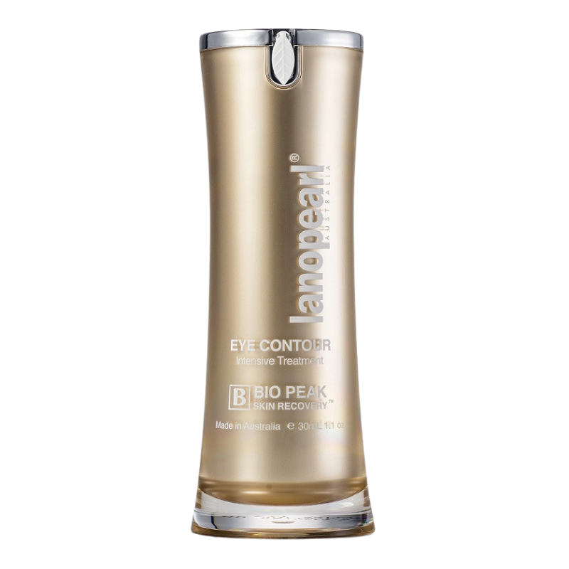 A tall, cylindrical Lanewell Eye Contour Intensive Treatment bottle with a metallic gold finish, silver cap, and clear glass base, shown on a solid white background.
