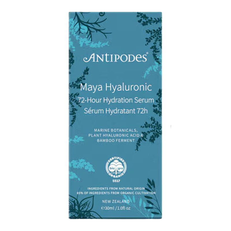 A 30ml box of AntiPodes Maya Hyaluronic 72-Hour Hydration Serum, featuring a teal blue packaging design with botanical illustrations and white text.