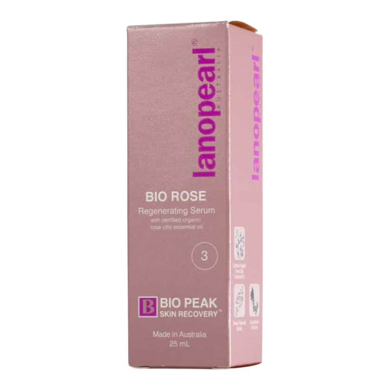 A pink rectangular box of lanoparl Bio Rose Regenerating Serum, featuring purple and white text on a clean white background.