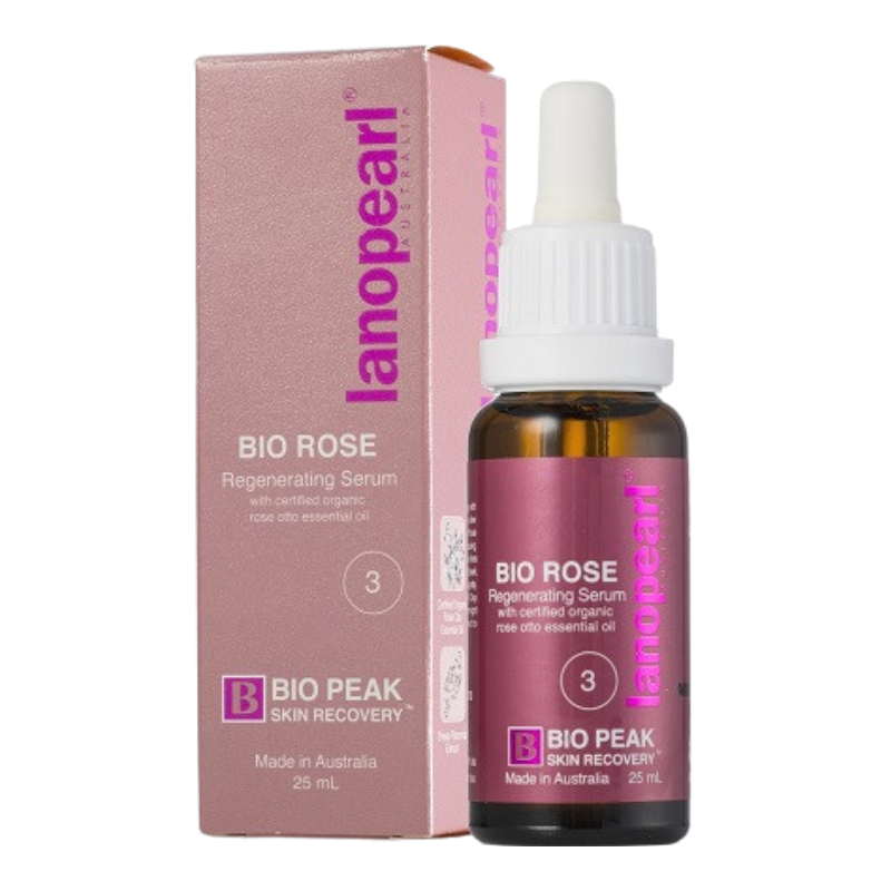Lanoparl Bio Peak Skin Recovery Bio Rose Regenerating Serum, showing the 25 mL amber dropper bottle next to its pink packaging box on a white background.