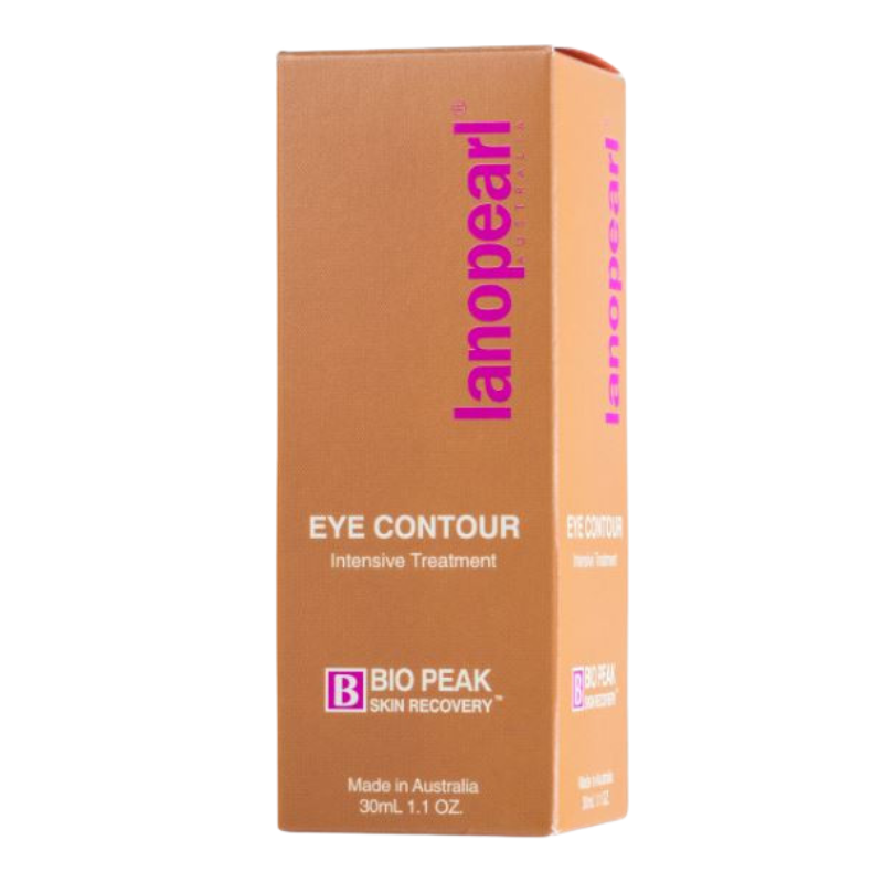 A tall rectangular product box for lanoparl Eye Contour Intensive Treatment, shown on a plain white background. The box is a warm peachy-orange color with magenta-pink vertical branding and white text.