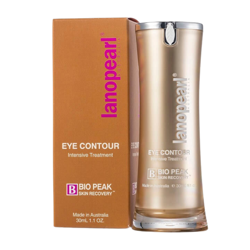 Lanoparl Eye Contour Intensive Treatment bottle in a metallic gold finish with a silver cap, standing next to its brown cardboard packaging box on a white background.