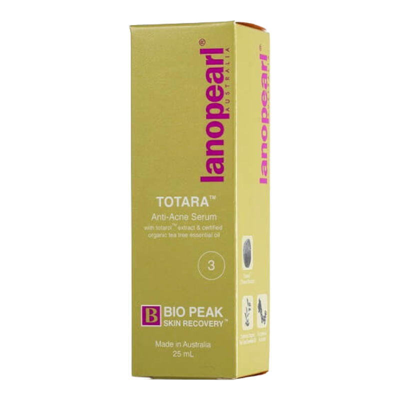 A tall rectangular product box for lanoparl skin TOTARA Anti-Acne Serum, Stage 3, in a pale yellow-green color with magenta branding and text, shown on a plain white background.