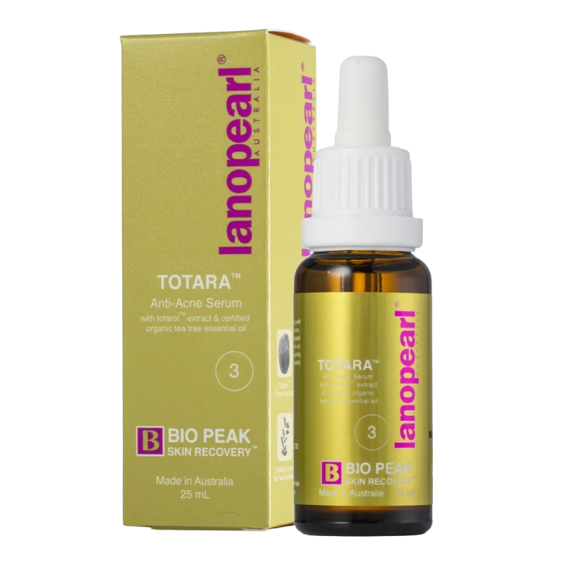 Lanoparl Australia Totara Anti-Acne Serum, featuring a 25ml amber glass dropper bottle next to its light green and gold packaging box.