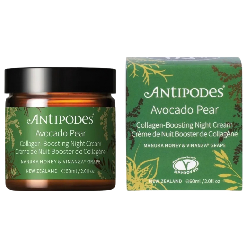 AntiPodes Avocado Pear Collagen-Boosting Night Cream shown in an amber glass jar with a black lid next to its green packaging box.