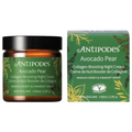 AntiPodes Avocado Pear Collagen-Boosting Night Cream shown in an amber glass jar with a black lid next to its green packaging box.