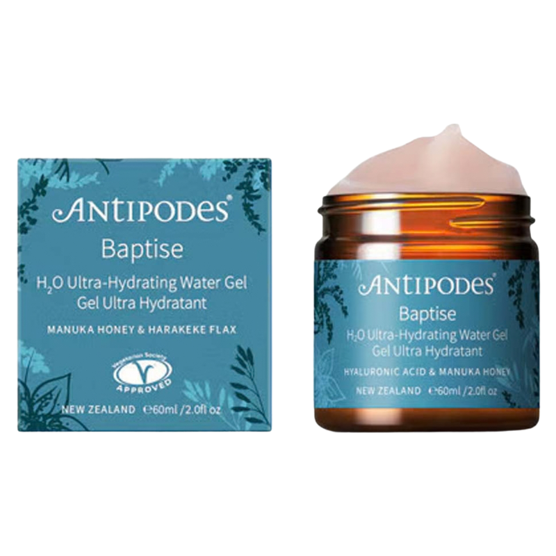 AntiPodes Baptise H2O Ultra-Hydrating Water Gel shown with its blue branded box and amber jar containing a pale pink gel, on a white background.