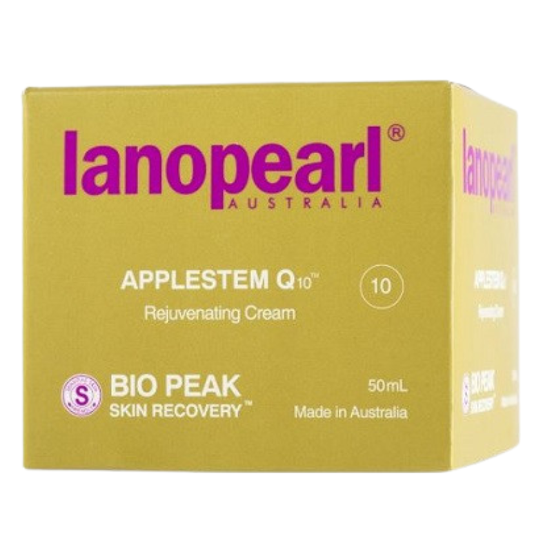 A yellow-green product box for lanoparl Australia Applestem Q10 Rejuvenating Cream, featuring magenta branding and white text, set against a plain white background.