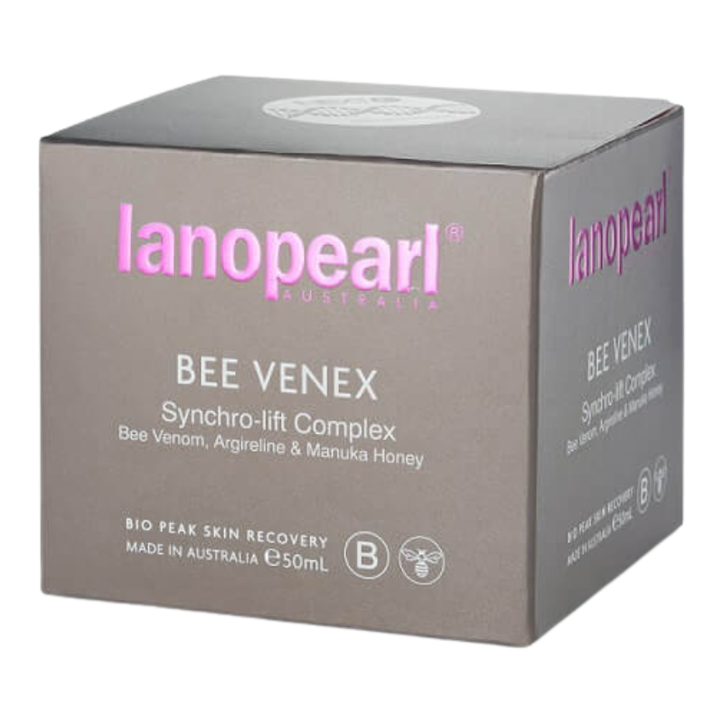 Lanopearl Australia Bee Venex Synchro-lift Complex skincare box, 500 mL, in a metallic taupe-gray color with pink and white text.