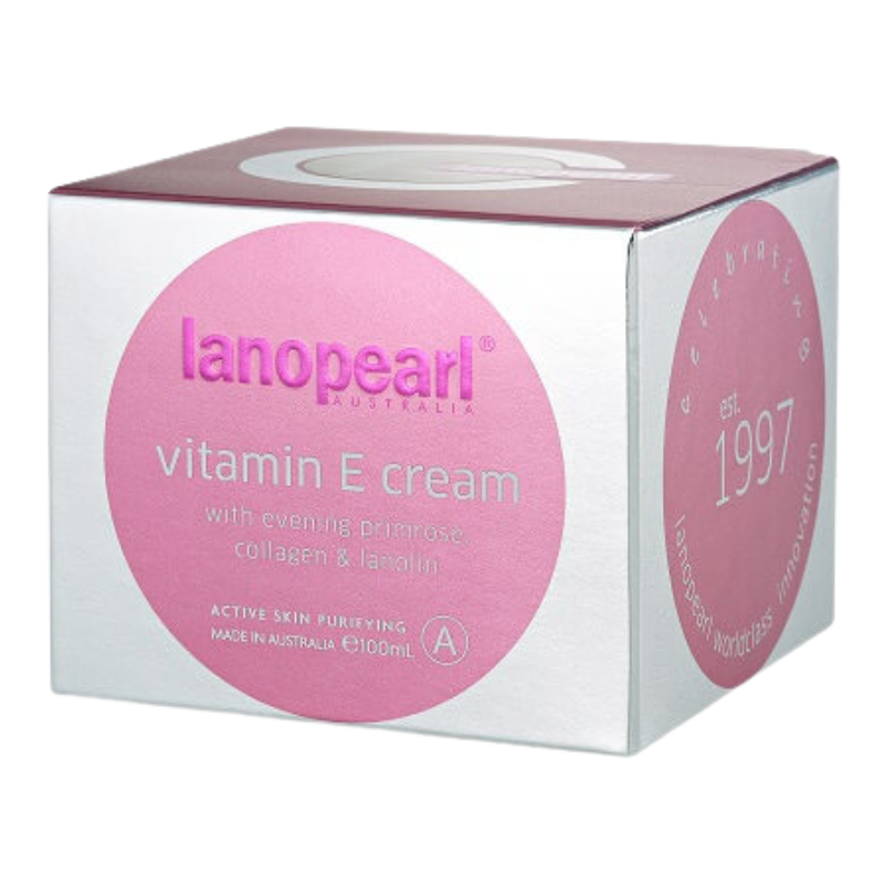 Lanoparl Vitamin E Cream packaging box, featuring a silver and white design with a prominent pink circular label on the front and side.