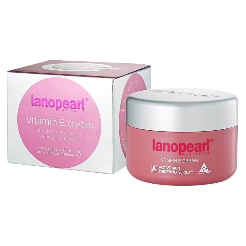 Front packaging and jar of Lanopearl Vitamin E Cream with Evening Primrose, Collagen and Lanolin 100ml