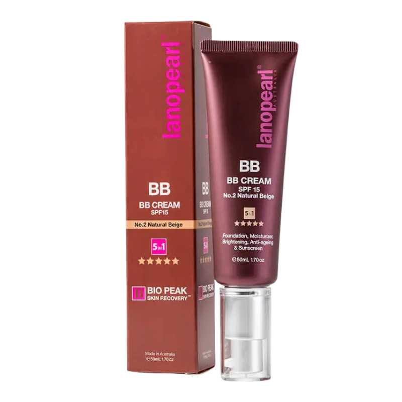 Lanpearl BB Cream SPF 15 in a dark plum squeeze tube with a clear cap, standing next to its matching brown box on a white background.
