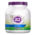 A 900g tub of a2 Full cream premium instant milk powder by The 32 Milk Company. The product is in a white plastic jar with a purple lid and a white, green, and blue label.