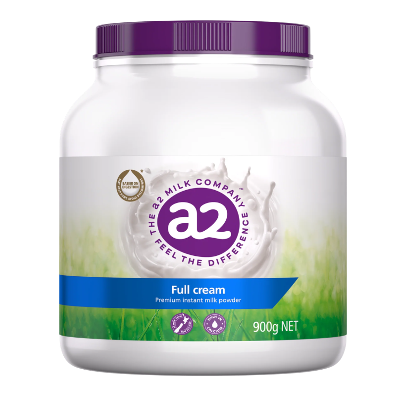 A 900g tub of a2 Full cream premium instant milk powder by The 32 Milk Company. The product is in a white plastic jar with a purple lid and a white, green, and blue label.