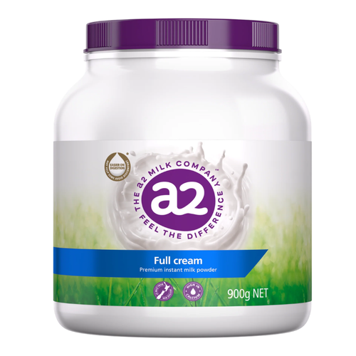 A 900g tub of a2 Full cream premium instant milk powder by The 32 Milk Company. The product is in a white plastic jar with a purple lid and a white, green, and blue label.