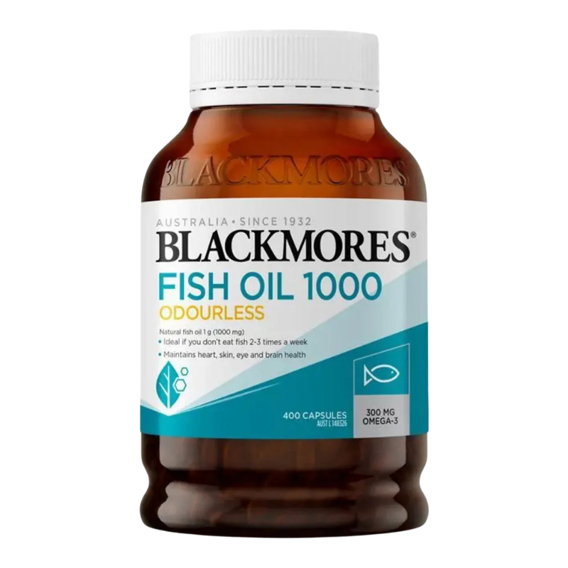 A bottle of Blackmores Fish Oil 1000 capsules, featuring an amber brown bottle, a white cap, and a white and teal label with black text.