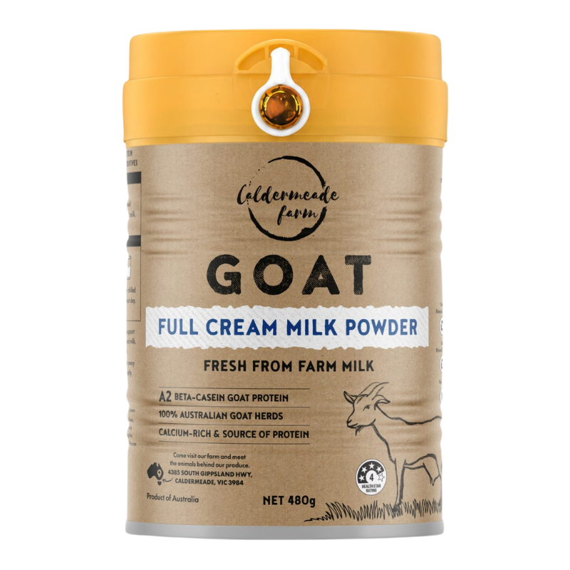 A 480g tub of Caldermeade Farm Goat Full Cream Milk Powder. The packaging features a kraft brown label with black text, a white label strip, and a bright yellow-orange lid with a built-in spout.