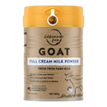A 480g tub of Caldermeade Farm Goat Full Cream Milk Powder. The packaging features a kraft brown label with black text, a white label strip, and a bright yellow-orange lid with a built-in spout.