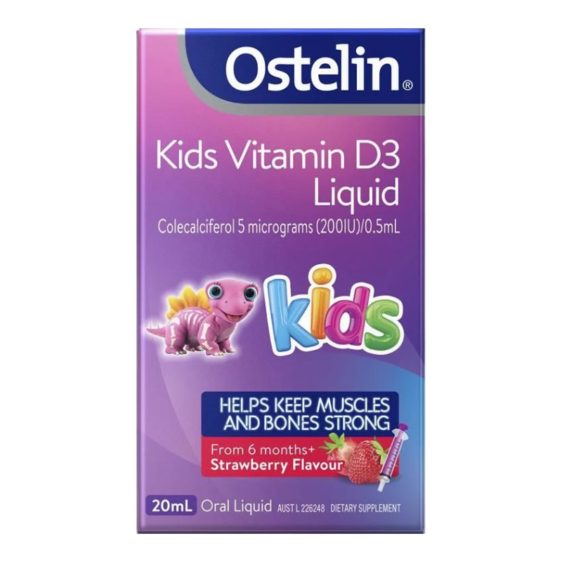Ostelin Kids Vitamin D3 Liquid dietary supplement box, 20mL, strawberry flavor. The packaging features a purple and blue gradient background with a cartoon pink dinosaur and colorful 'kids' text.