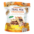 A bag of Tropical Leaves Crispy Trail Mix Crackers, featuring a white, orange, and yellow packaging design with an image of a trail cracker on the front.