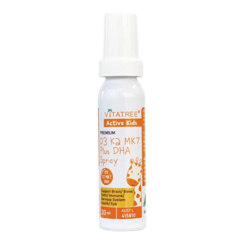 A 20ml white spray bottle of VITATREE Active Kids D3 Ka MK7 Plus DHA Spray, featuring an orange and white label with a cartoon giraffe illustration, set against a plain white background.