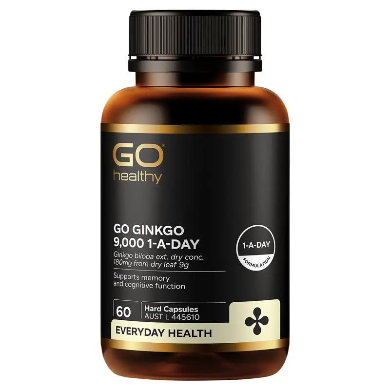 GO Healthy Ginkgo 9000+ 60 Vege Capsules, high-strength ginkgo biloba supplement supporting memory, mental focus, cognitive performance and healthy circulation.