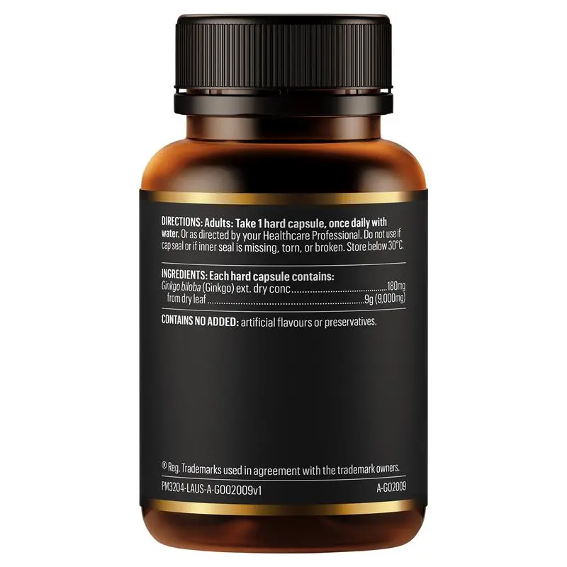 GO Healthy Ginkgo 9000+ 60 Vege Capsules, high-strength ginkgo biloba supplement supporting memory, mental focus, cognitive performance and healthy circulation.