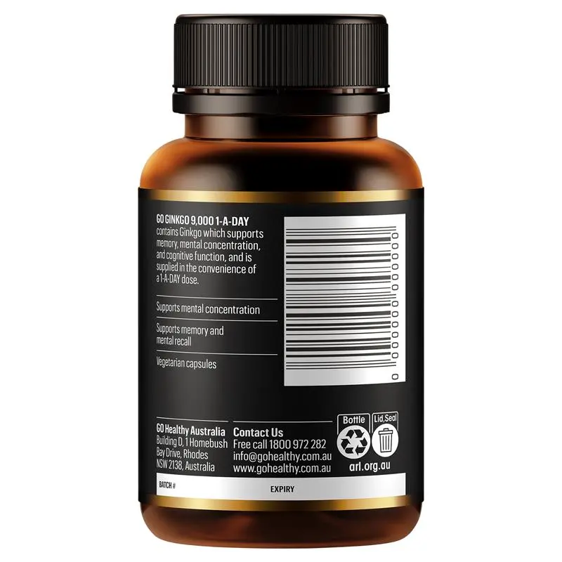 GO Healthy Ginkgo 9000+ 60 Vege Capsules, high-strength ginkgo biloba supplement supporting memory, mental focus, cognitive performance and healthy circulation.