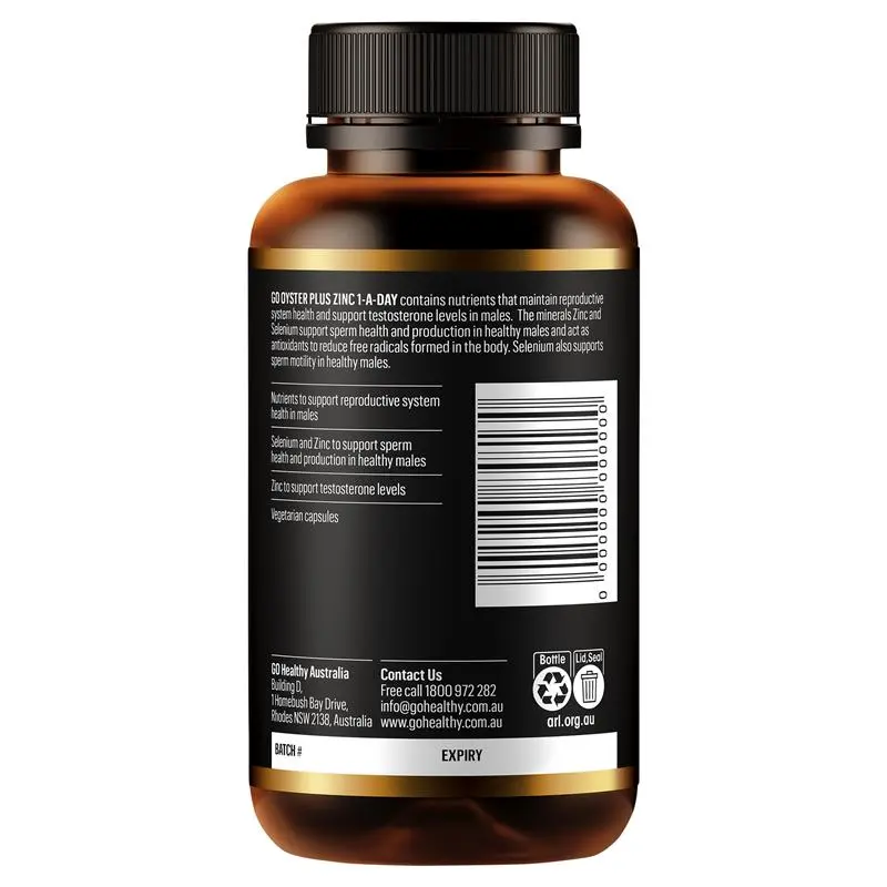 GO Healthy Oyster Plus Zinc 1-A-Day 120 Vege Capsules, men's health supplement with oyster extract and zinc to support vitality, reproductive health and immune function.