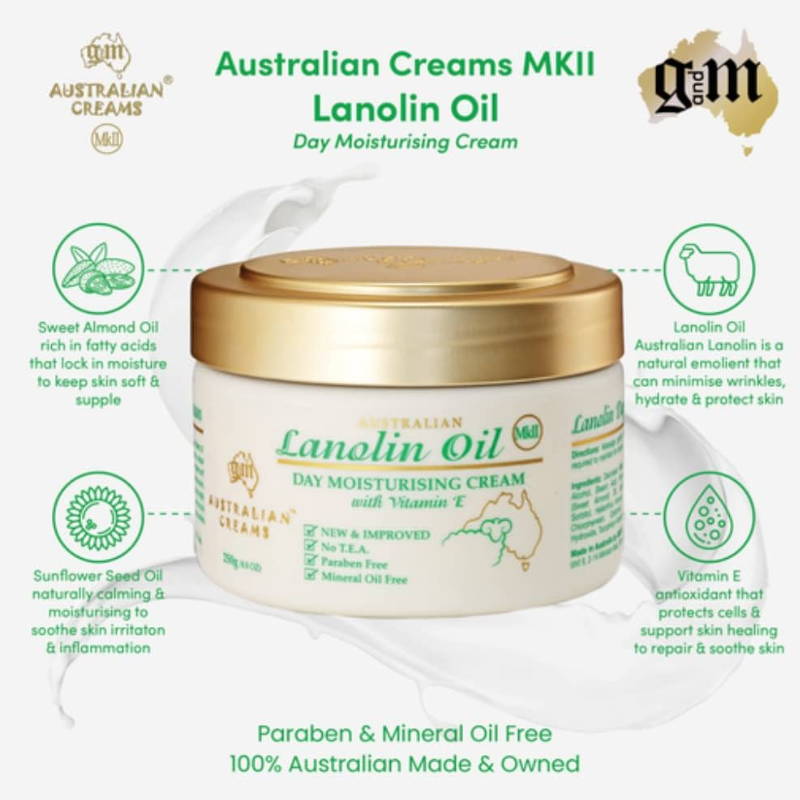 G&M Australian Lanolin Oil Moisturising Cream with Vitamin E MKII 250g Australian moisturising cream with Lanolin Oil and Vitamin E for soft, hydrated skin.