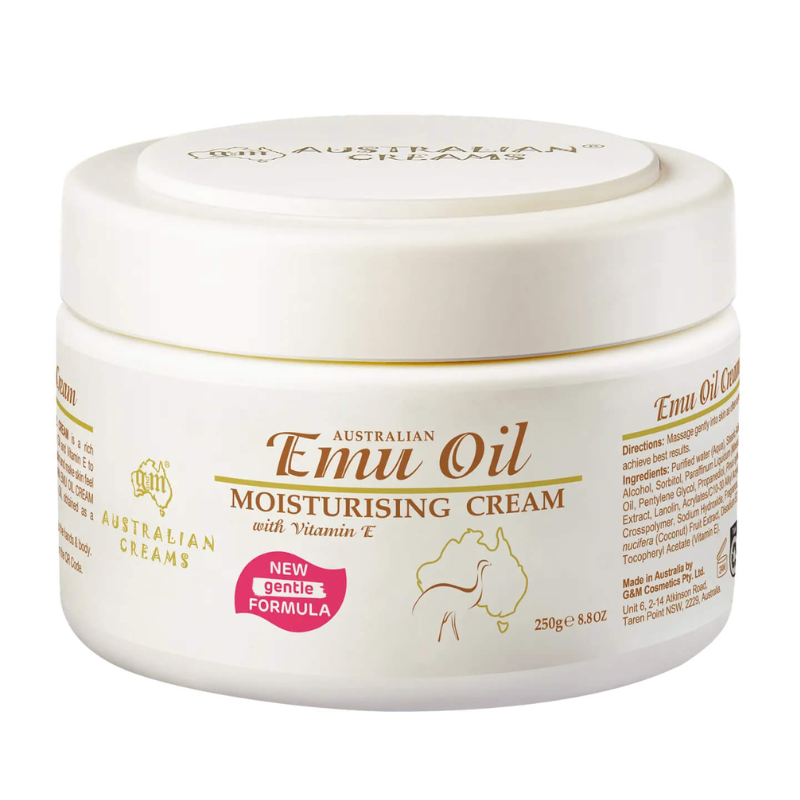 G&M Australian Emu Oil Moisturising Cream with Vitamin E 250g Australian face and body moisturising cream for soft, smooth and hydrated skin.