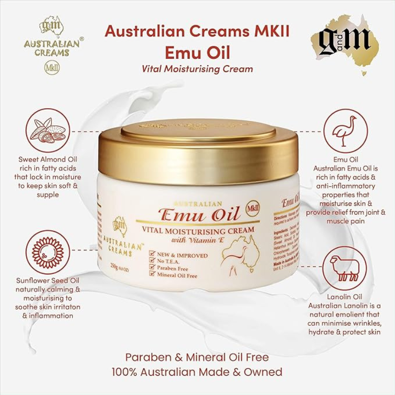 G&M Australian Emu Oil Moisturising Cream with Vitamin E MKII 250g Australian moisturising cream with Emu Oil and Vitamin E for soft, hydrated skin.