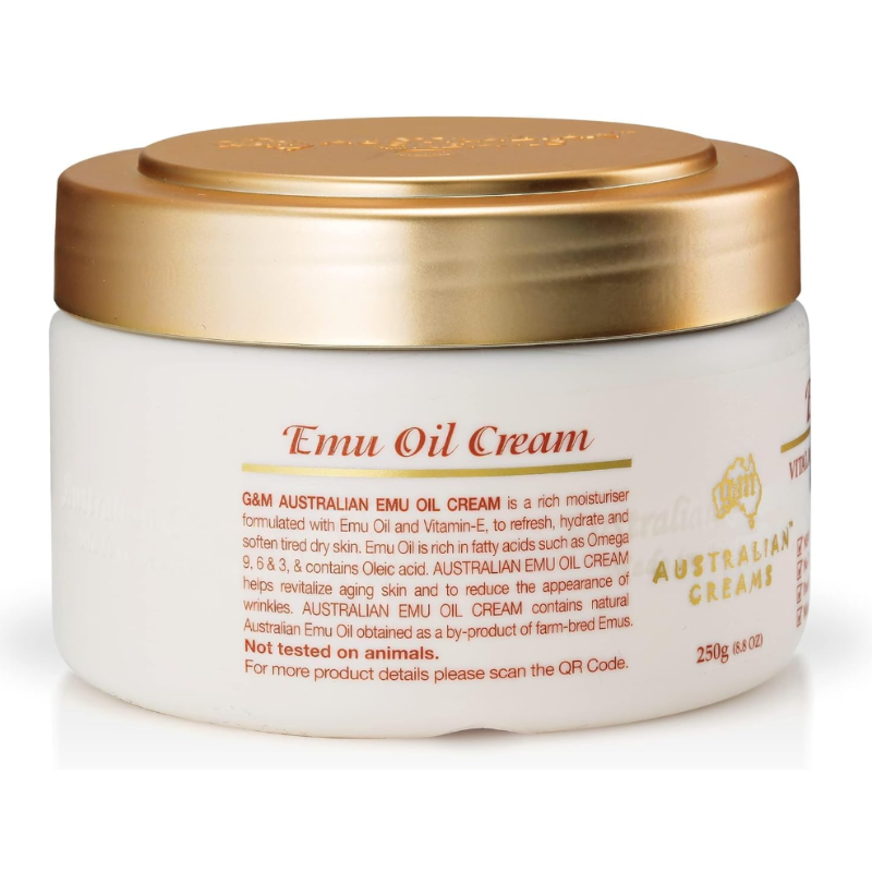 G&M Australian Emu Oil Moisturising Cream with Vitamin E MKII 250g Australian moisturising cream with Emu Oil and Vitamin E for soft, hydrated skin.