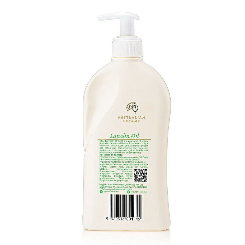 G&M Australian Lanolin Oil Moisturising Cream with Vitamin E 500g Australian face and body moisturising cream for soft, smooth and hydrated skin.