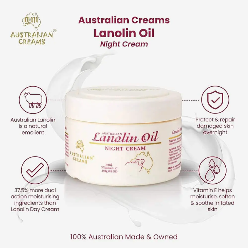 G&M Australian Lanolin Oil Night Cream with Vitamin E 250g Australian overnight face cream to nourish and moisturise skin while you sleep.