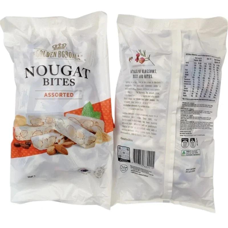Two packages of Golden Boronia Nougat Bites Assorted, showing the front and back of the white plastic bags with product details and illustrations.