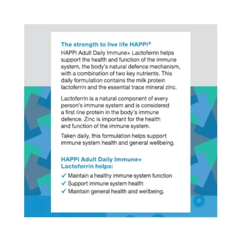 HAPPi Adult Daily Immune + Lactoferrin 60 capsules dietary supplement for adults supporting immune health, daily wellness, and nutritional balance.