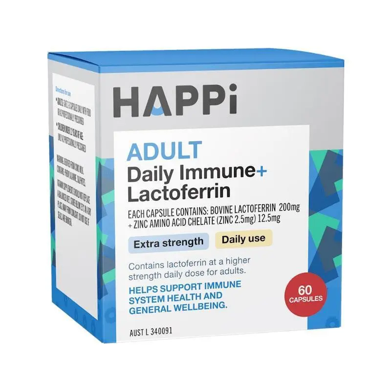 HAPPi Adult Daily Immune + Lactoferrin 60 capsules dietary supplement for adults supporting immune health, daily wellness, and nutritional balance.