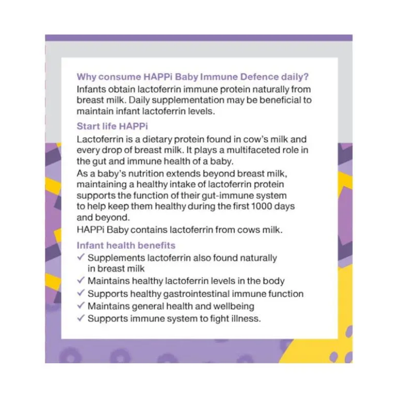 HAPPi Baby Lactoferrin Powder Sachets 28 x 1g sachets, lactoferrin supplement for babies and children to support immune health and daily nutrition.