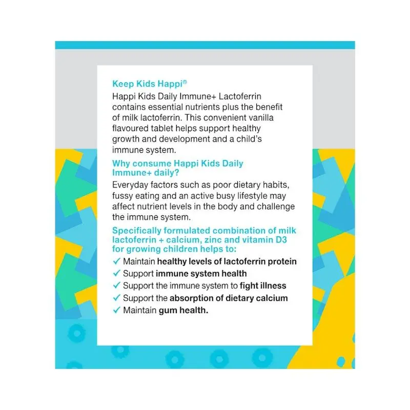 HAPPi Kids Daily Immune + Lactoferrin 60 tablets for children 3+ supporting immune health and daily nutrition in a child-friendly supplement formula.