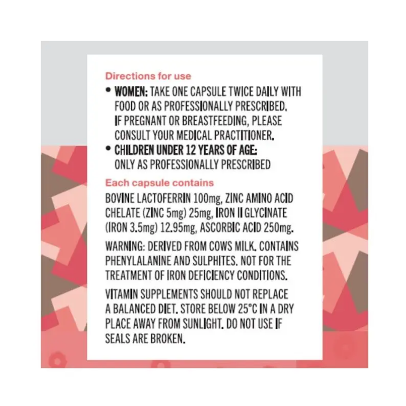 HAPPi Women’s Daily Iron + Lactoferrin 60 capsules supplement for women supporting iron levels, immune health, energy, and daily wellness.