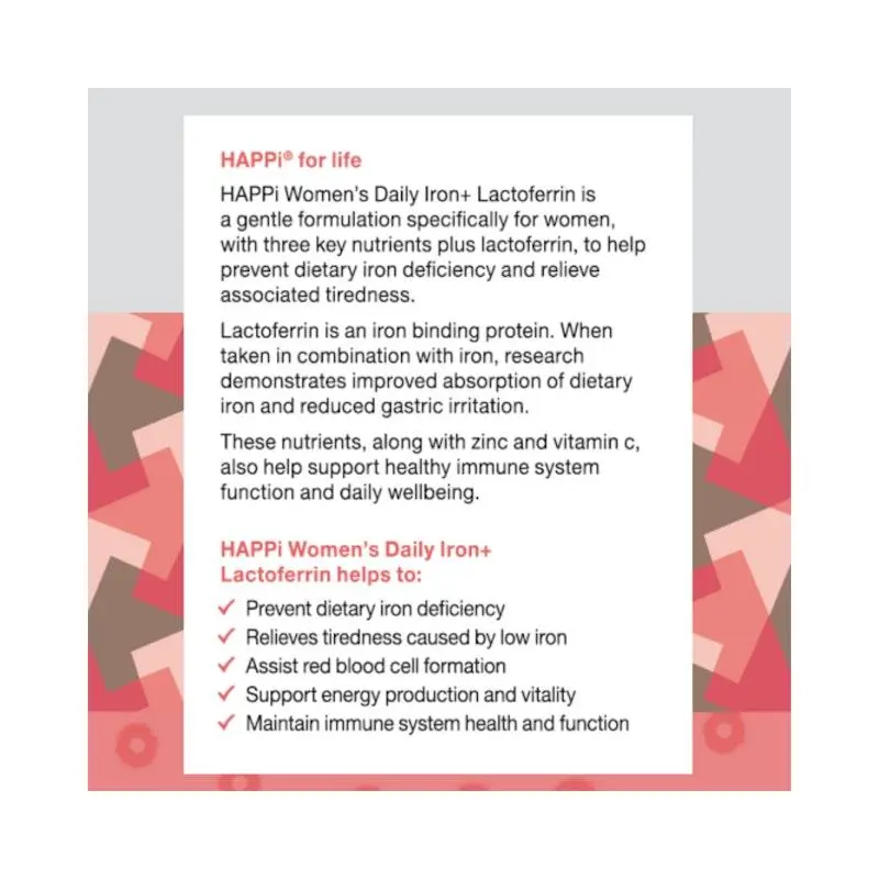 HAPPi Women’s Daily Iron + Lactoferrin 60 capsules supplement for women supporting iron levels, immune health, energy, and daily wellness.