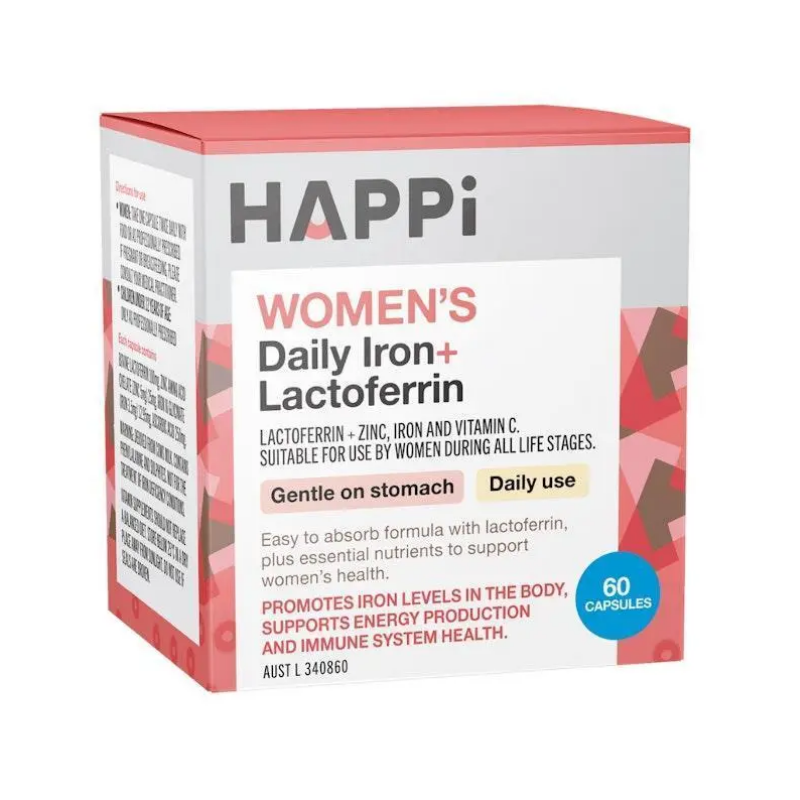 HAPPi Women’s Daily Iron + Lactoferrin 60 capsules supplement for women supporting iron levels, immune health, energy, and daily wellness.